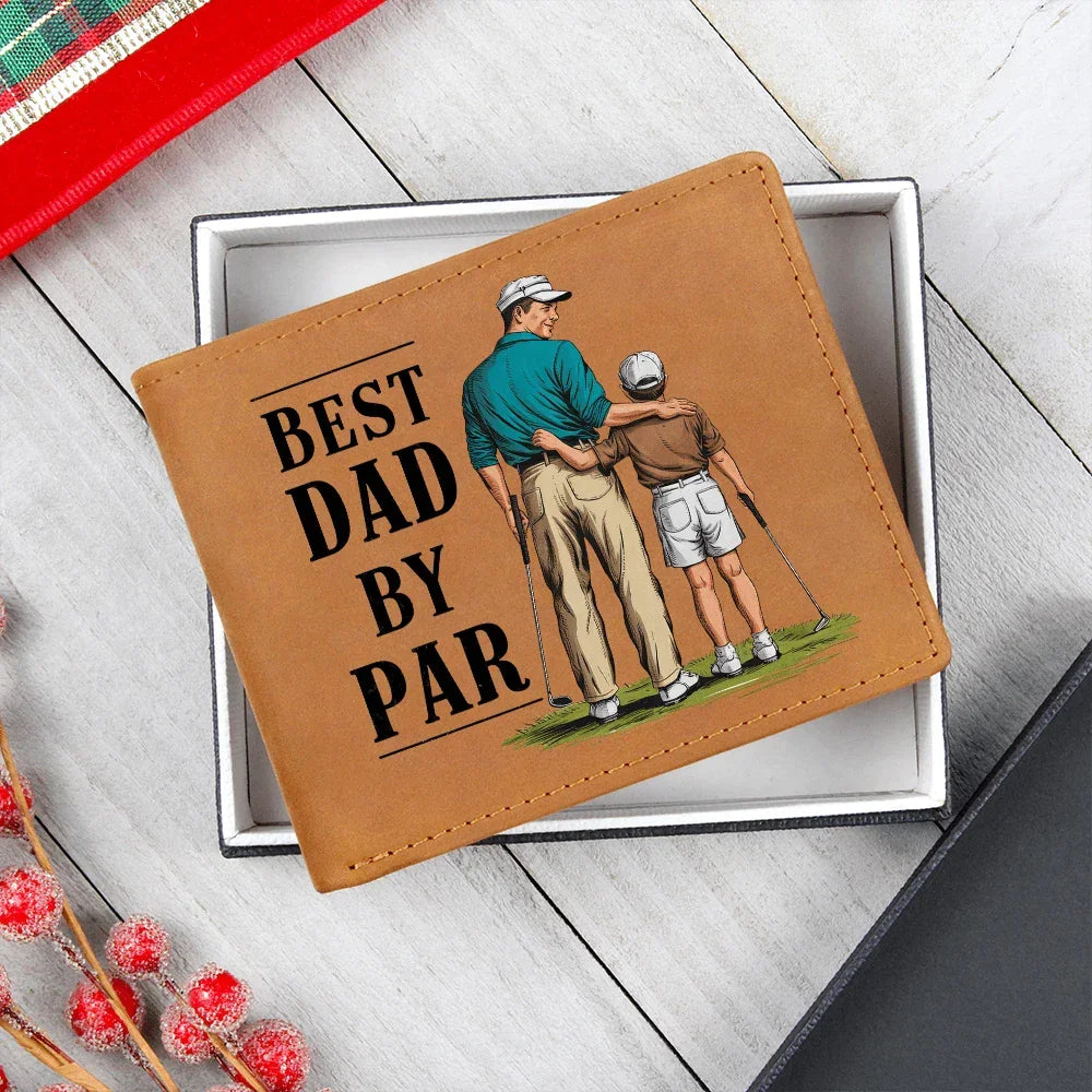 Best Dad by Par Illustrated Wallet – Full Grain Leather Golf Wallet Gift for Dad – Thoughtful Father's Day Gift with Gift Box