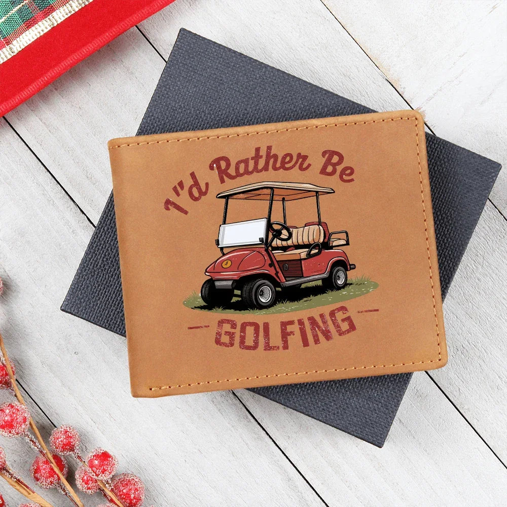 I'd Rather Be Golfing Leather Wallet – Funny Full Grain Cowhide Bifold – Golf Cart Design Gift for Dad or Grandpa