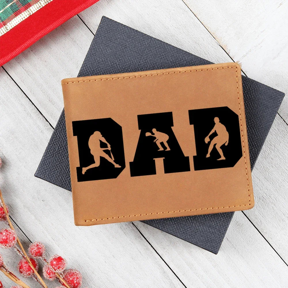 Baseball Silhouette Dad Wallet – Full Grain Cowhide Leather Bifold – Sports Gift for Father's Day or Baseball Coach