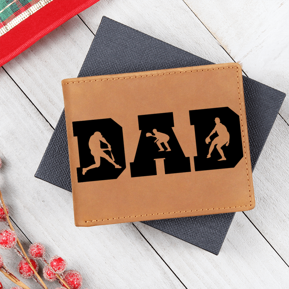 Baseball Silhouette Dad Wallet – Full Grain Cowhide Leather Bifold – Sports Gift for Father's Day or Baseball Coach - Mallard Moon Gift Shop