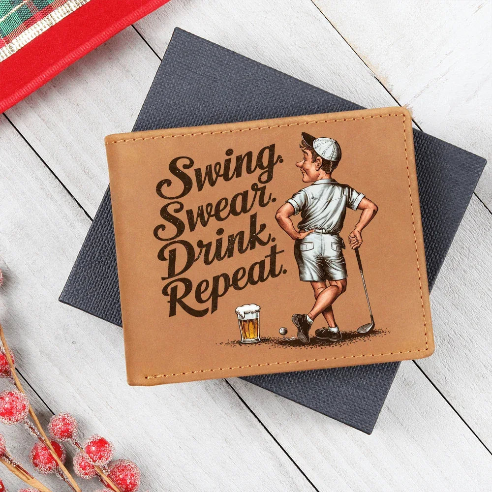 Swing Swear Drink Repeat Golf Wallet – Funny Full Grain Leather Wallet for Golfers – Unique Gift for Dad, Husband, or Friend