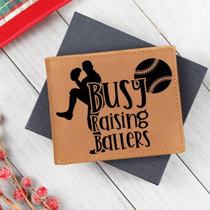 Busy Raising Ballers Leather Wallet – Full Grain Cowhide Bifold – Baseball Gift for Sports-Loving Dads