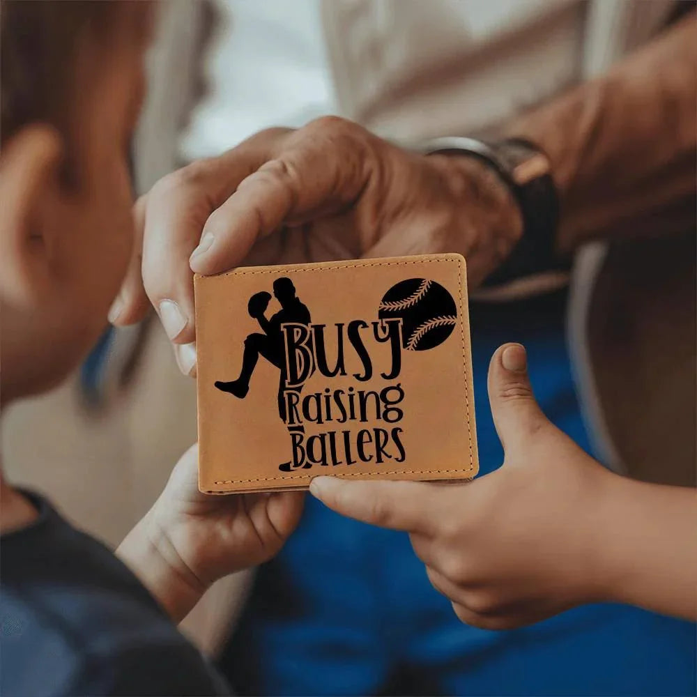 Busy Raising Ballers Leather Wallet – Full Grain Cowhide Bifold – Baseball Gift for Sports-Loving Dads