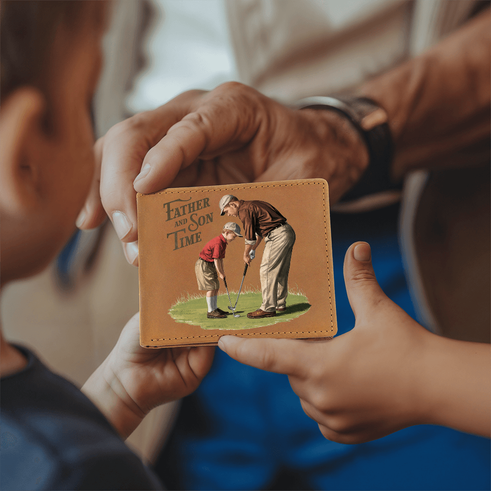 Father and Son Time Leather Wallet – Vintage Golf-Inspired Cowhide Bifold Wallet – Sentimental Gift for Dad with Gift Box