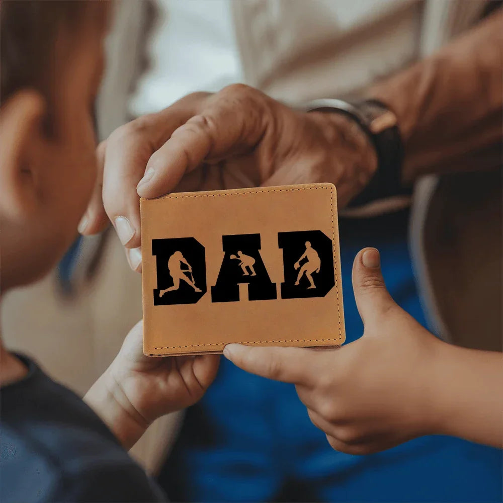 Baseball Silhouette Dad Wallet – Full Grain Cowhide Leather Bifold – Sports Gift for Father's Day or Baseball Coach