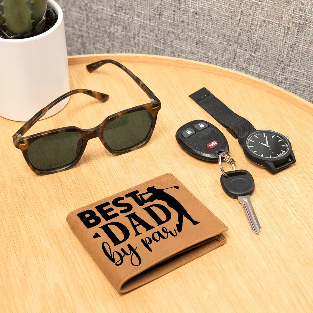 Best Dad by Par – Funny Golf Wallet for Dad – Full Grain Leather Bifold Wallet Gift with Gift Box