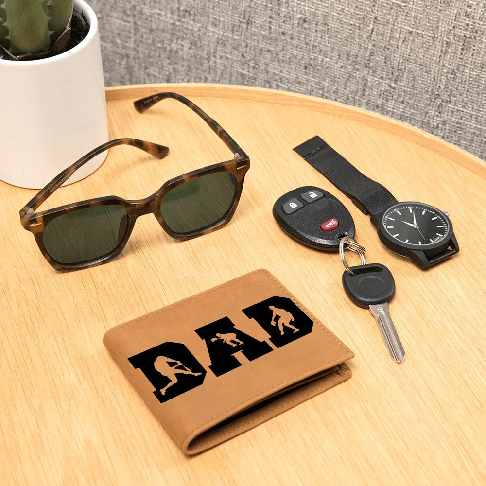 Baseball Silhouette Dad Wallet – Full Grain Cowhide Leather Bifold – Sports Gift for Father's Day or Baseball Coach