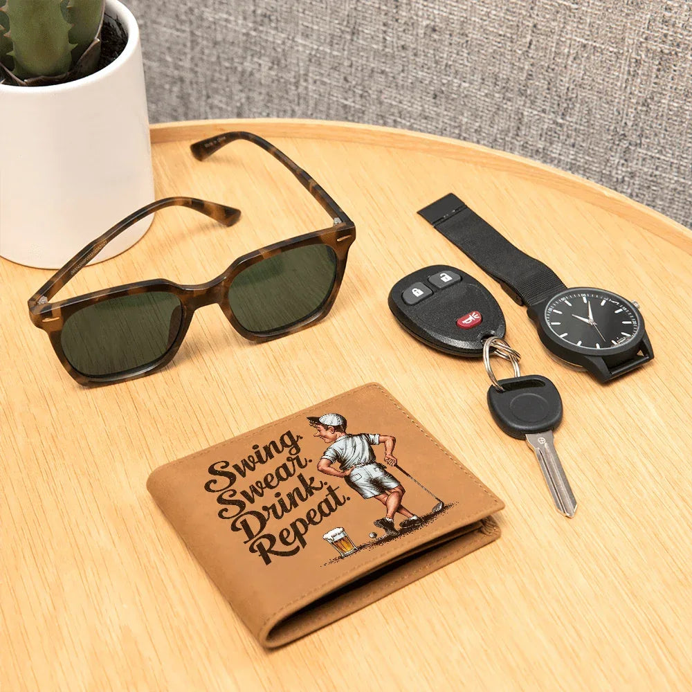 Swing Swear Drink Repeat Golf Wallet – Funny Full Grain Leather Wallet for Golfers – Unique Gift for Dad, Husband, or Friend