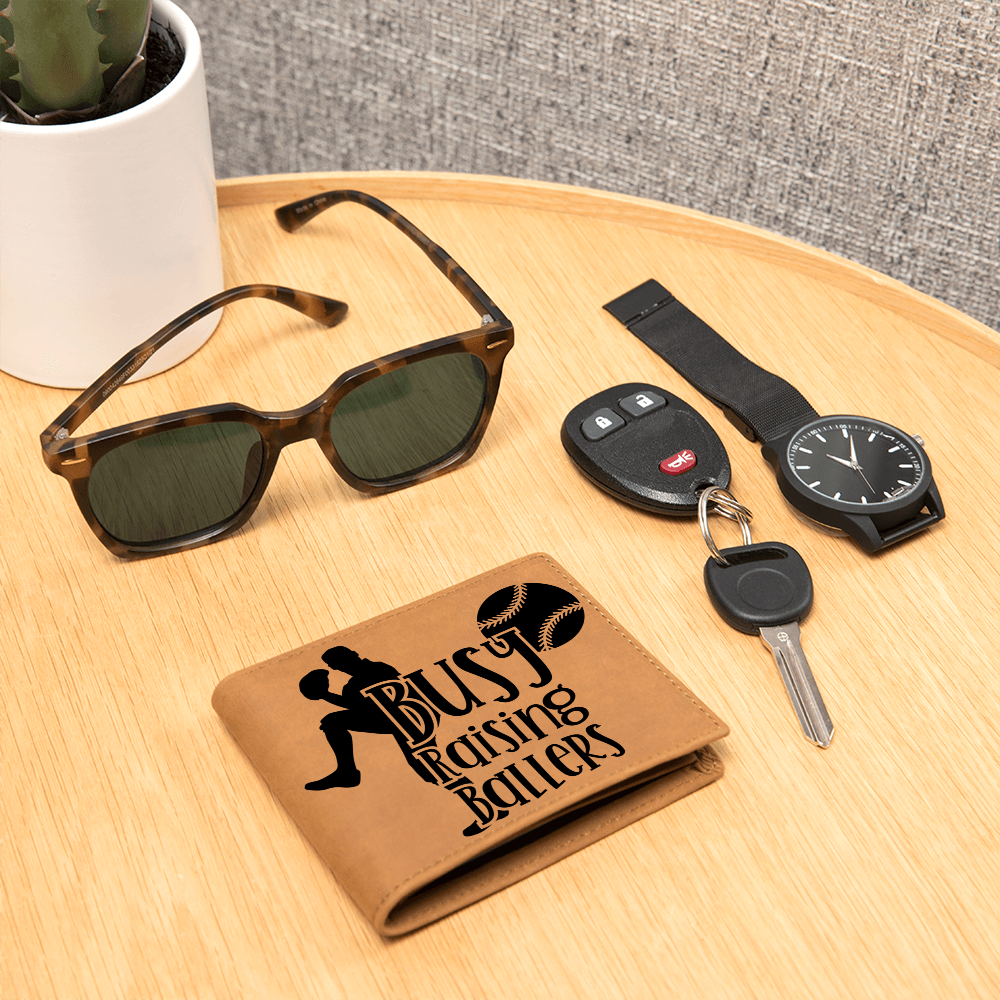 Busy Raising Ballers Leather Wallet – Full Grain Cowhide Bifold – Baseball Gift for Sports-Loving Dads