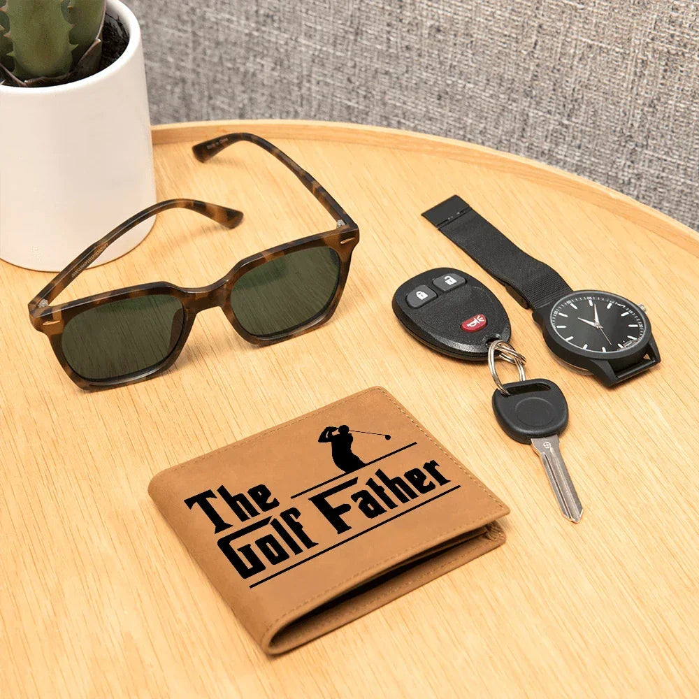 The Golf Father Leather Wallet – Full Grain Cowhide Bifold – Funny Golf Gift for Dad, Grandpa, or Husband