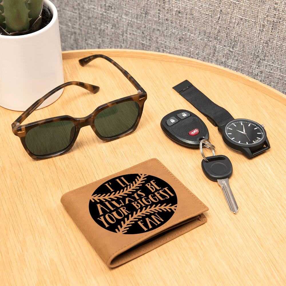 I'll Always Be Your Biggest Fan Baseball Wallet – Full Grain Cowhide Leather Bifold – Heartfelt Gift for Dad, Son, or Player - Mallard Moon Gift Shop