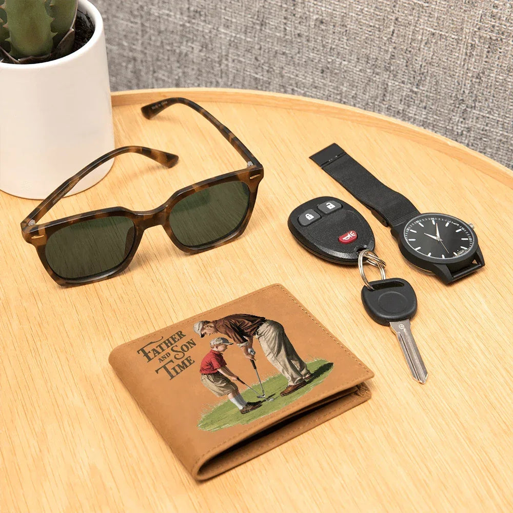 Father and Son Time Leather Wallet – Vintage Golf-Inspired Cowhide Bifold Wallet – Sentimental Gift for Dad with Gift Box
