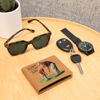 Father and Son Time Leather Wallet – Vintage Golf-Inspired Cowhide Bifold Wallet – Sentimental Gift for Dad with Gift Box