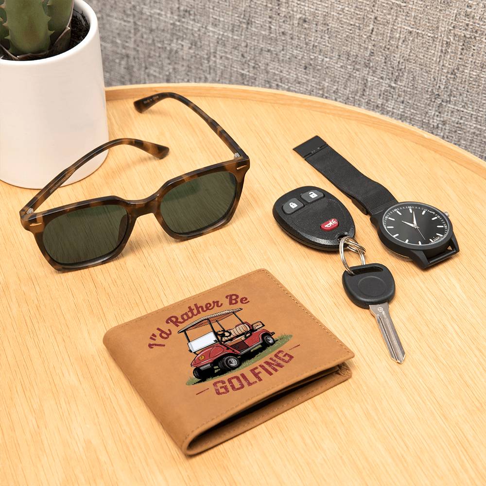 I'd Rather Be Golfing Leather Wallet – Funny Full Grain Cowhide Bifold – Golf Cart Design Gift for Dad or Grandpa - Mallard Moon Gift Shop