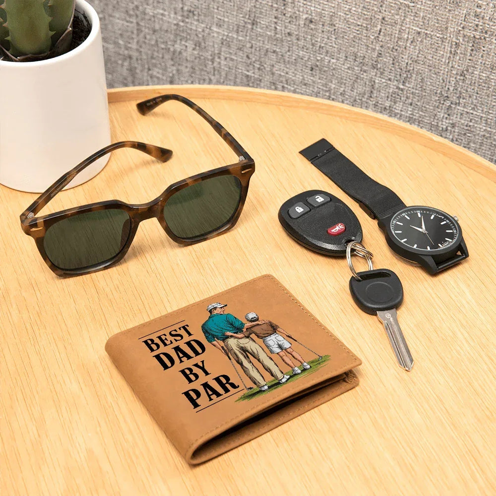 Best Dad by Par Illustrated Wallet – Full Grain Leather Golf Wallet Gift for Dad – Thoughtful Father's Day Gift with Gift Box
