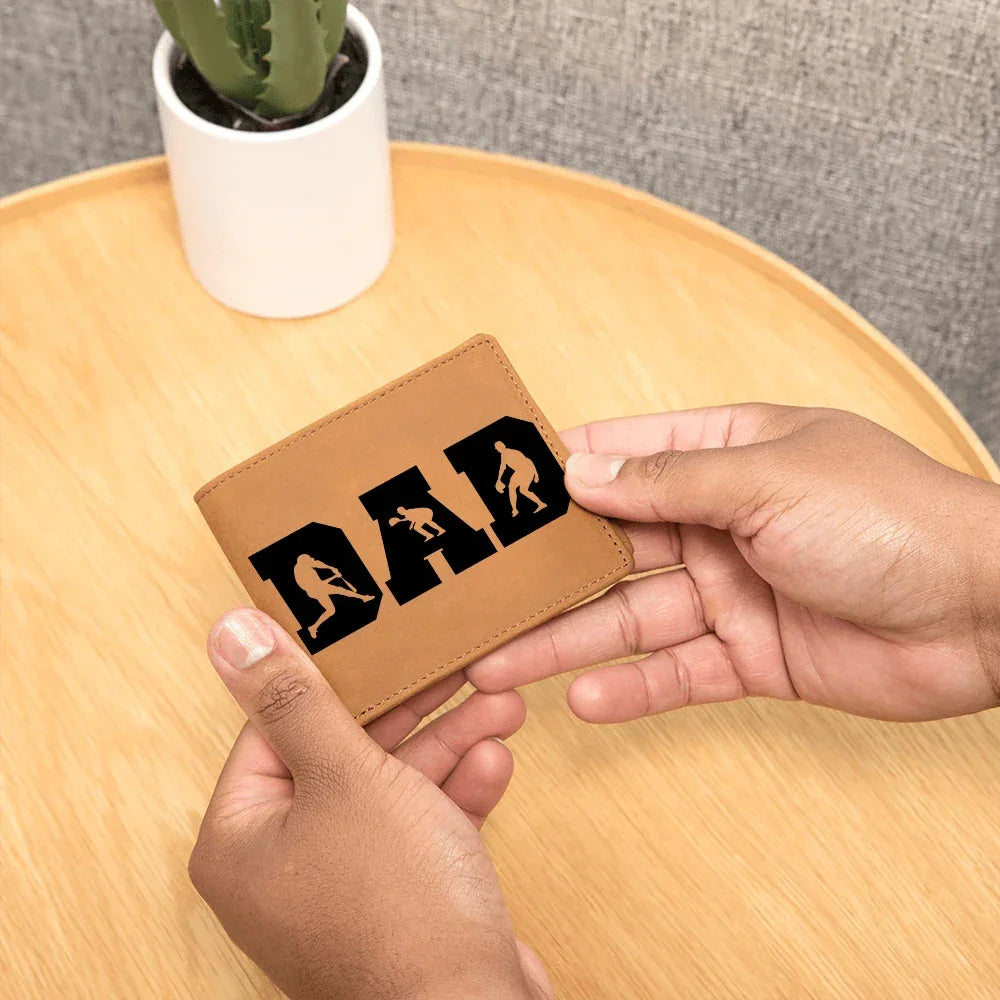 Baseball Silhouette Dad Wallet – Full Grain Cowhide Leather Bifold – Sports Gift for Father's Day or Baseball Coach