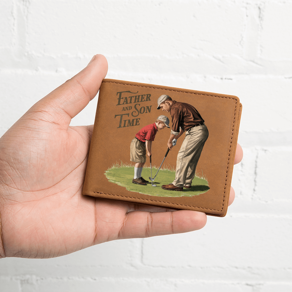 Father and Son Time Leather Wallet – Vintage Golf-Inspired Cowhide Bifold Wallet – Sentimental Gift for Dad with Gift Box - Mallard Moon Gift Shop