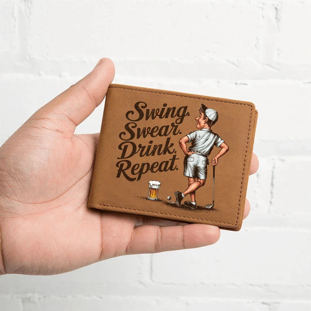Swing Swear Drink Repeat Golf Wallet – Funny Full Grain Leather Wallet for Golfers – Unique Gift for Dad, Husband, or Friend