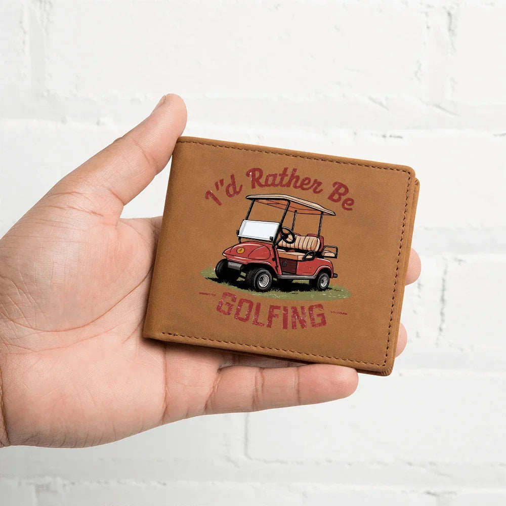 I'd Rather Be Golfing Leather Wallet – Funny Full Grain Cowhide Bifold – Golf Cart Design Gift for Dad or Grandpa