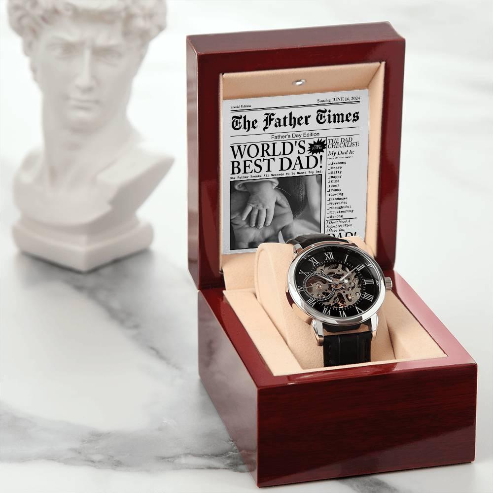 Dad Gift - Headline on The Father Times - World's Best Dad Men's Openwork Watch with Gift Box - Mallard Moon Gift Shop