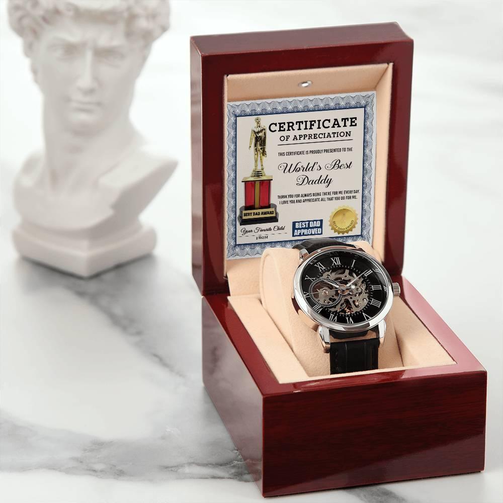 Certificate of The World's Best Daddy Men's Openwork Watch with Gift Box - Mallard Moon Gift Shop