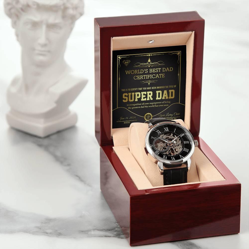 Dad Gift -Super Dad Certificate Men's Openwork Watch with Gift Box - Mallard Moon Gift Shop