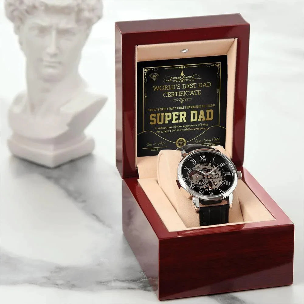 Dad Gift -Super Dad Certificate Men's Openwork Watch with Gift Box
