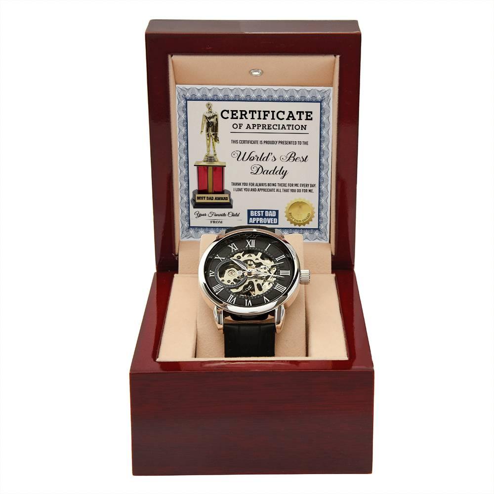 Certificate of The World's Best Daddy Men's Openwork Watch with Gift Box - Mallard Moon Gift Shop