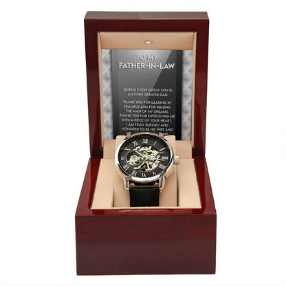 To My Father-in-Law Behind every Great Son is an Even Greater Dad Men's Openwork Watch with Gift Box - Mallard Moon Gift Shop