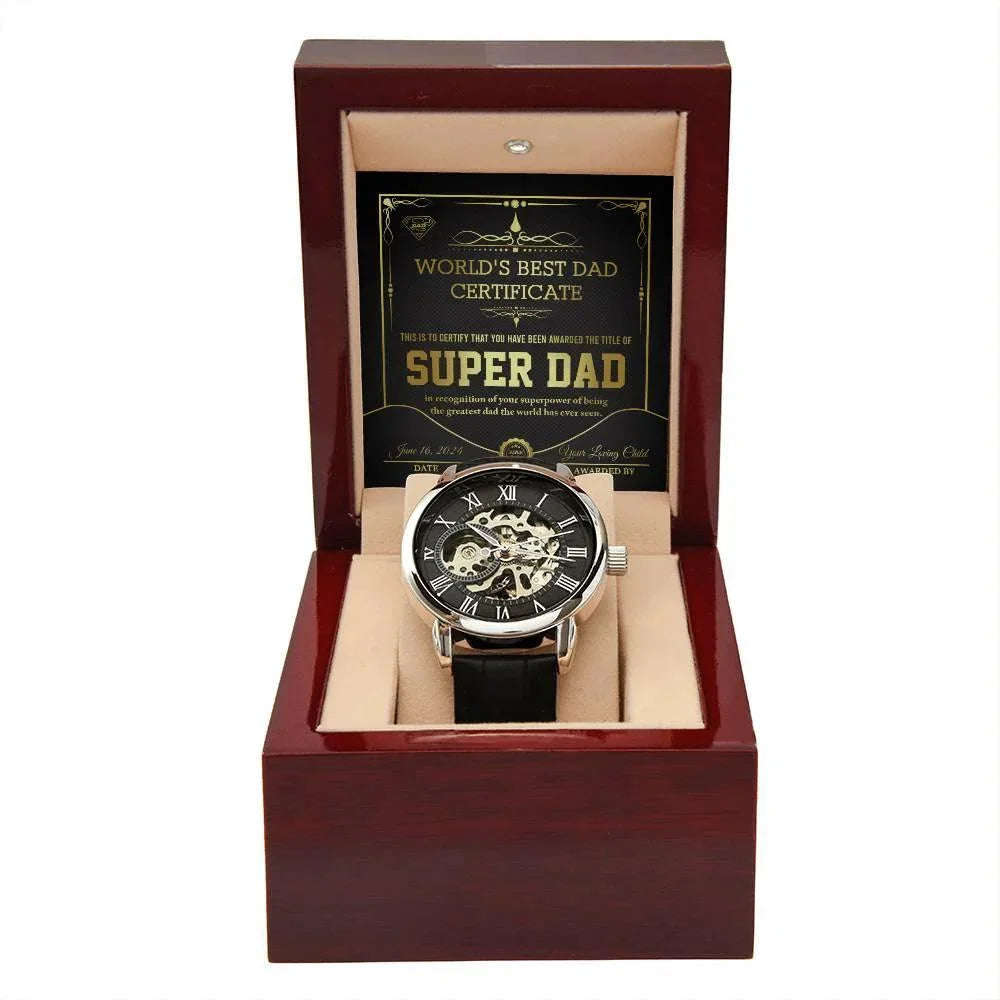 Dad Gift -Super Dad Certificate Men's Openwork Watch with Gift Box