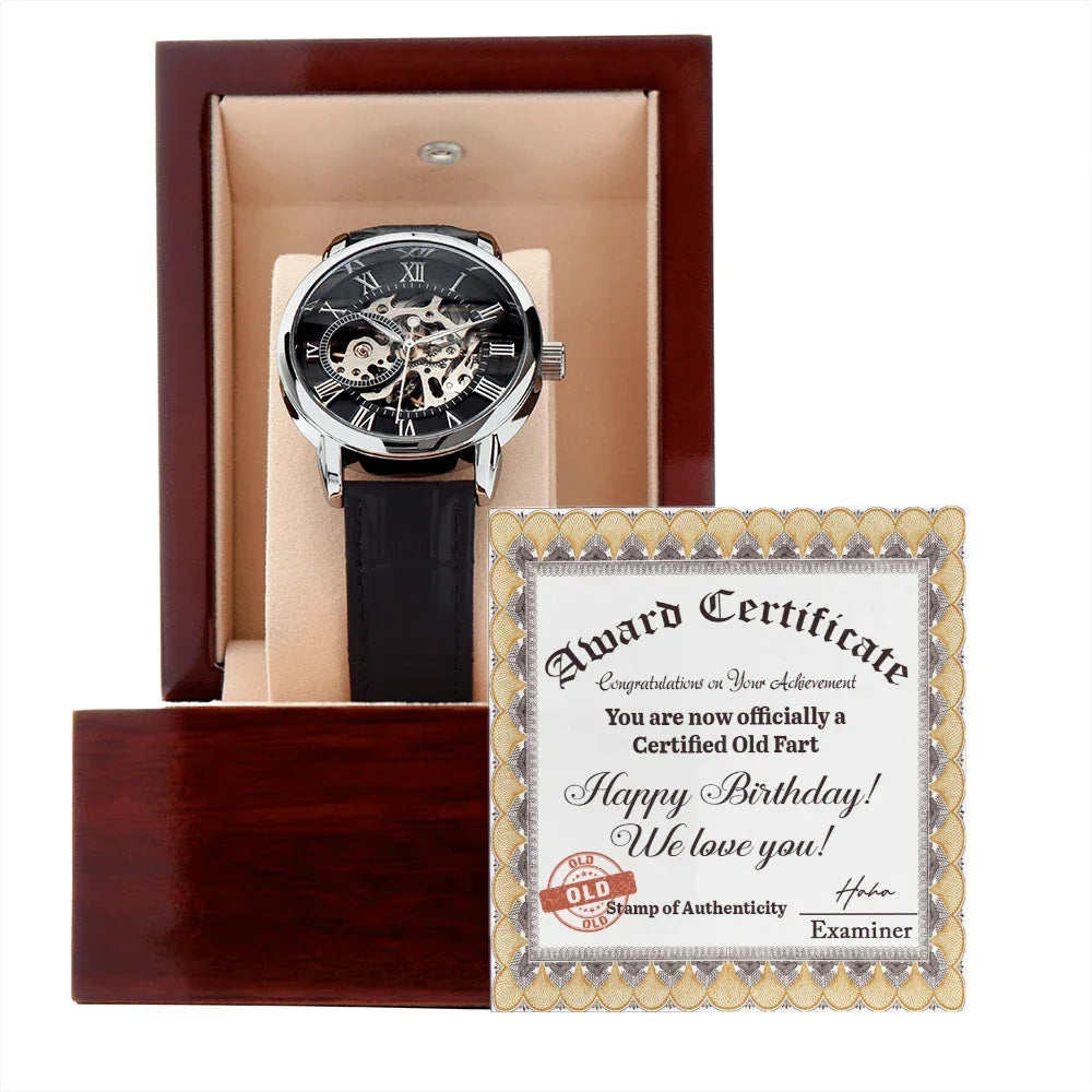 Certified Old Fart Birthday Watch – Men's Openwork Watch with Leather Band | Gag Gift for Dad, Grandpa, Husband or Friend