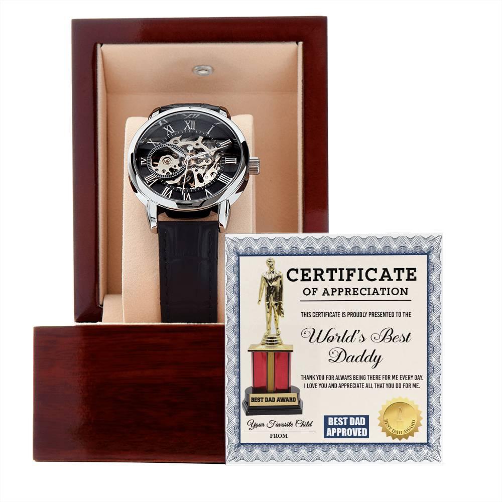Certificate of The World's Best Daddy Men's Openwork Watch with Gift Box - Mallard Moon Gift Shop