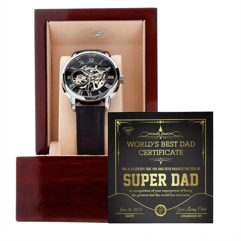 Dad Gift -Super Dad Certificate Men's Openwork Watch with Gift Box