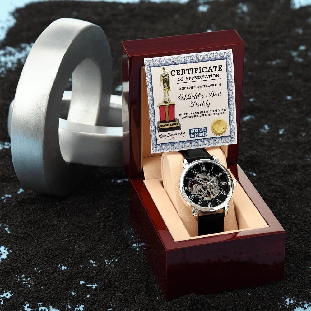 Certificate of The World's Best Daddy Men's Openwork Watch with Gift Box - Mallard Moon Gift Shop