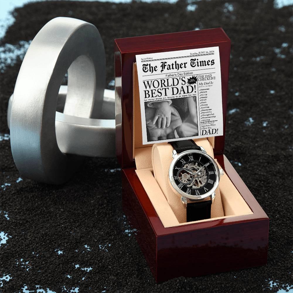 Dad Gift - Headline on The Father Times - World's Best Dad Men's Openwork Watch with Gift Box - Mallard Moon Gift Shop
