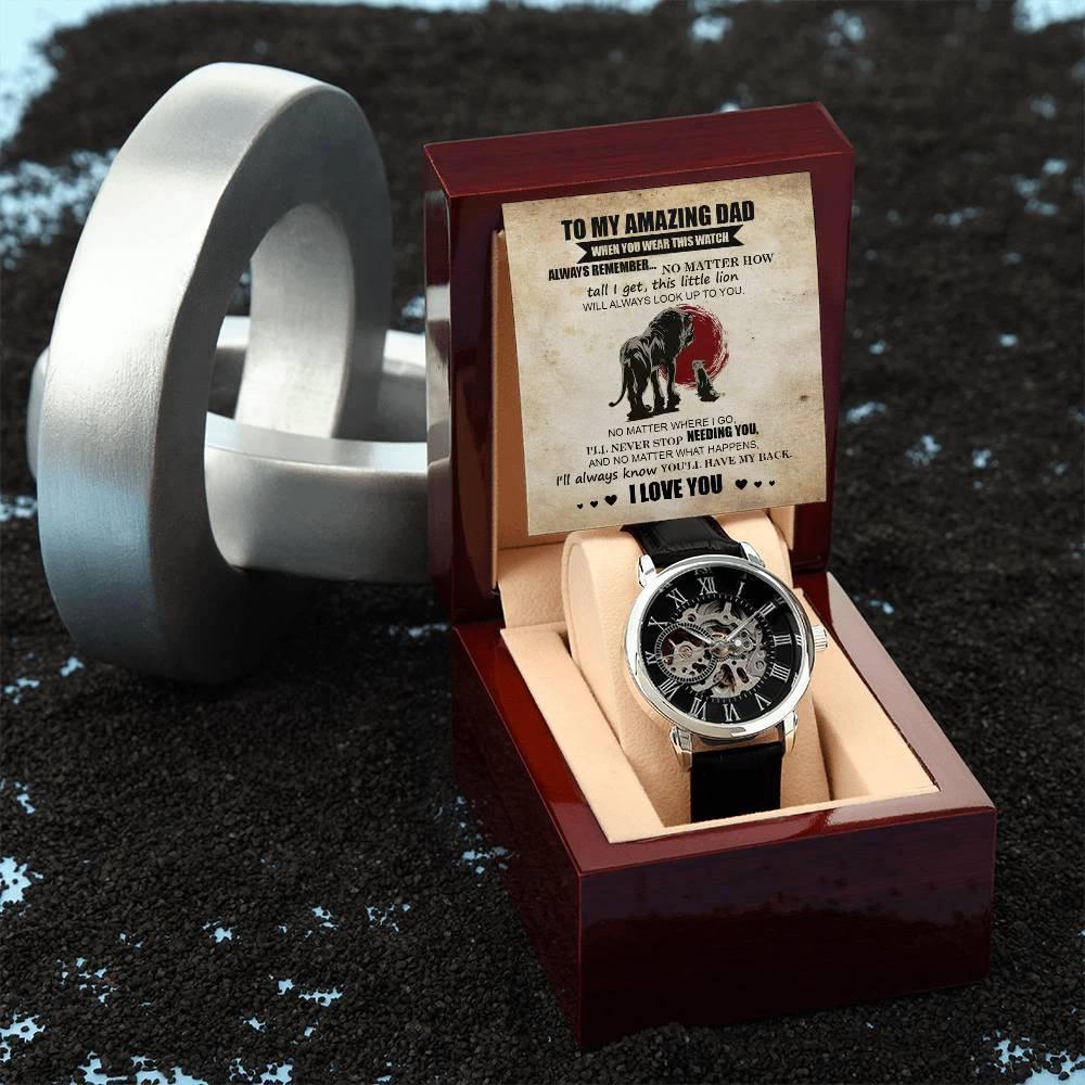 Dad Gift - This Little Lion Will Always Look Up to You Men's Openwork Watch with Gift Box