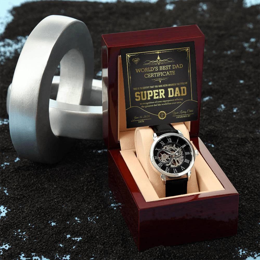 Dad Gift -Super Dad Certificate Men's Openwork Watch with Gift Box