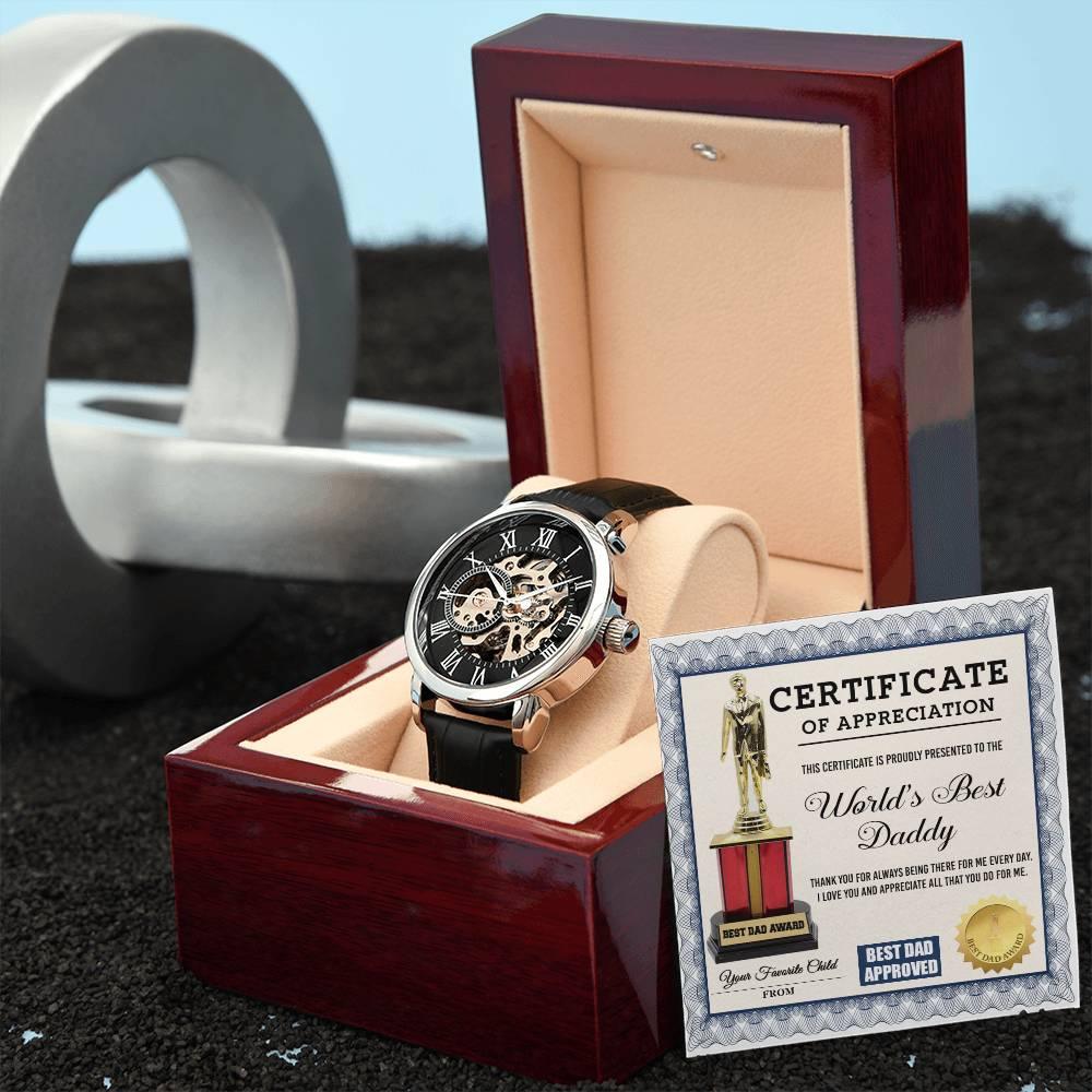 Certificate of The World's Best Daddy Men's Openwork Watch with Gift Box - Mallard Moon Gift Shop