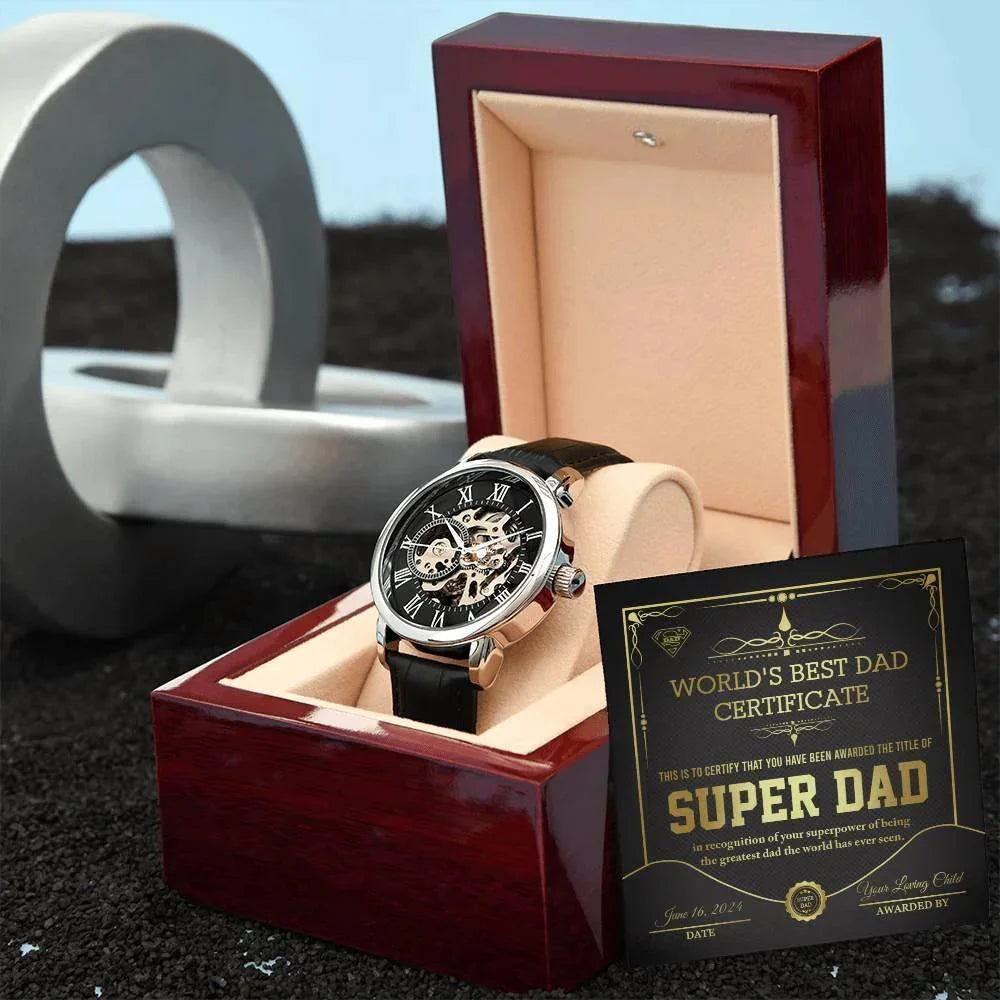 Dad Gift -Super Dad Certificate Men's Openwork Watch with Gift Box