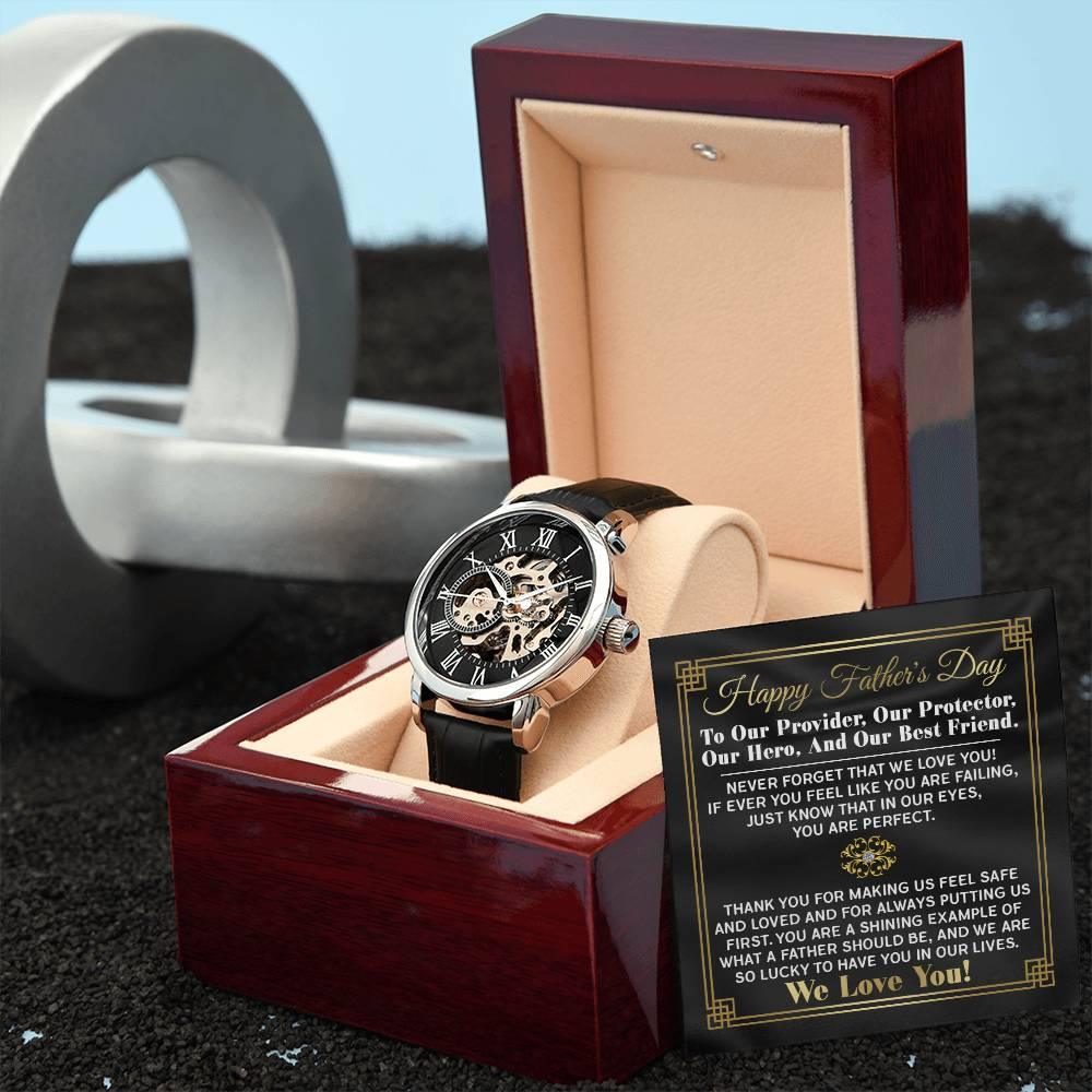 Dad Gift -Our Provider, Protector, Hero, Best Friend Men's Openwork Watch with Gift Box - Mallard Moon Gift Shop