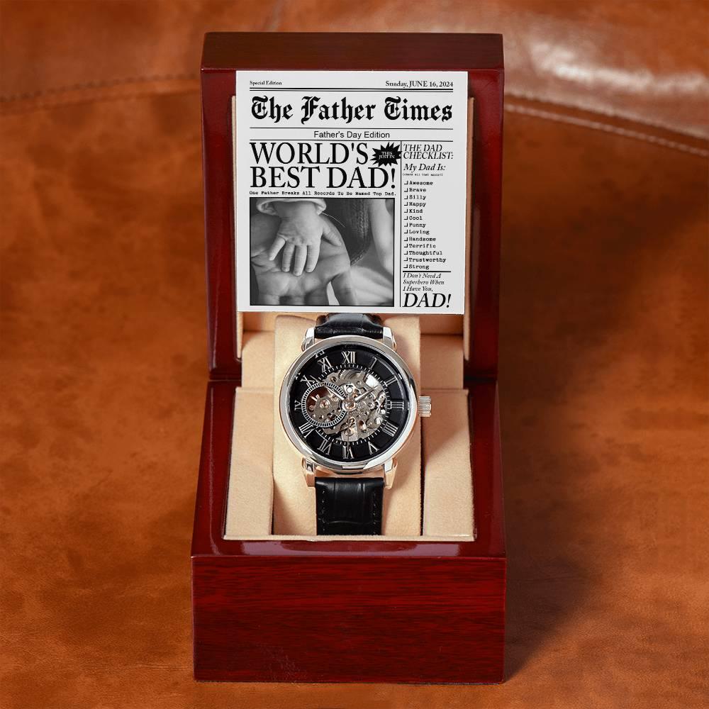 Dad Gift - Headline on The Father Times - World's Best Dad Men's Openwork Watch with Gift Box - Mallard Moon Gift Shop