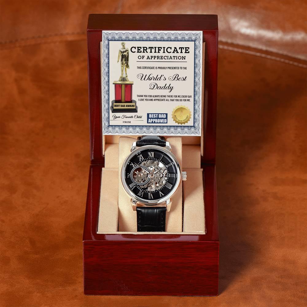 Certificate of The World's Best Daddy Men's Openwork Watch with Gift Box - Mallard Moon Gift Shop