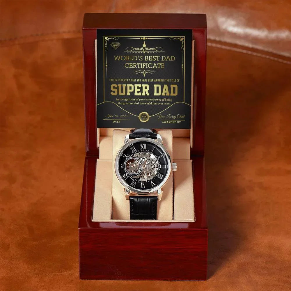 Dad Gift -Super Dad Certificate Men's Openwork Watch with Gift Box