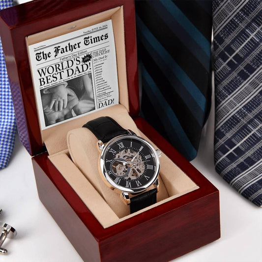 Dad Gift - Headline on The Father Times - World's Best Dad Men's Openwork Watch with Gift Box - Mallard Moon Gift Shop