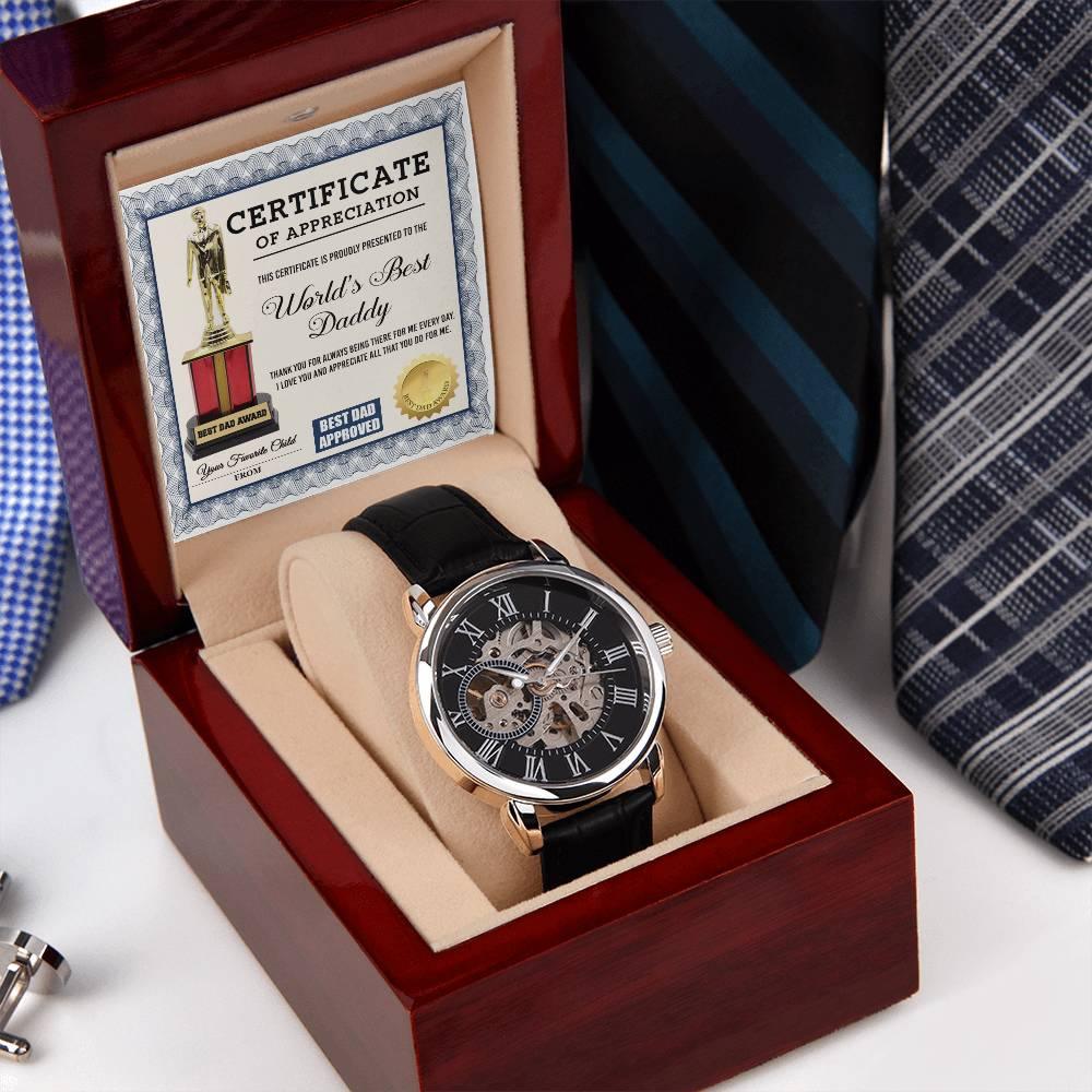 Certificate of The World's Best Daddy Men's Openwork Watch with Gift Box - Mallard Moon Gift Shop