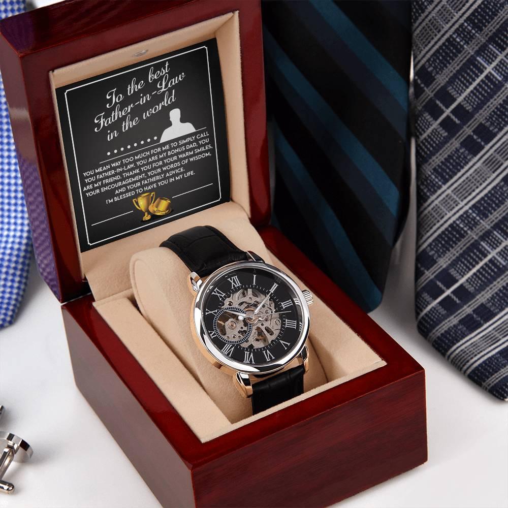 To the Best Father-In-Law My Bonus Dad, My Best Friend Men's Openwork Watch with Gift Box - Mallard Moon Gift Shop