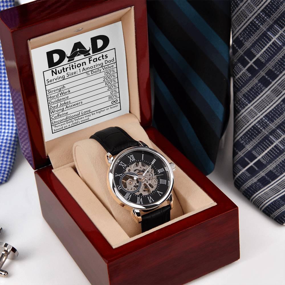 Dad Gift - Nutrition Facts Men's Openwork Watch with Gift Box - Mallard Moon Gift Shop