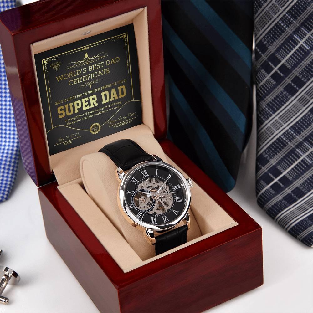 Dad Gift -Super Dad Certificate Men's Openwork Watch with Gift Box - Mallard Moon Gift Shop