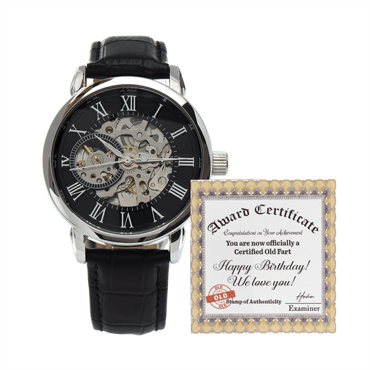 Certified Old Fart Birthday Watch – Men's Openwork Watch with Leather Band | Gag Gift for Dad, Grandpa, Husband or Friend