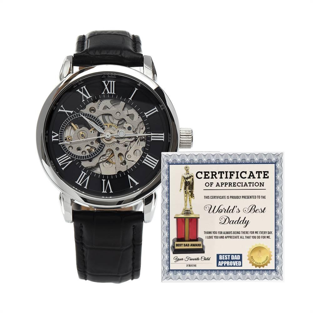 Certificate of The World's Best Daddy Men's Openwork Watch with Gift Box - Mallard Moon Gift Shop